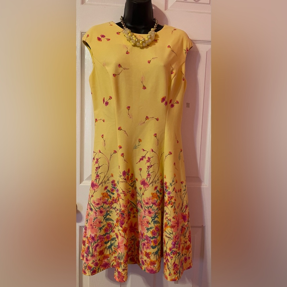 London Times Yellow Floral Fit and Flare Midi Dress Size 8
